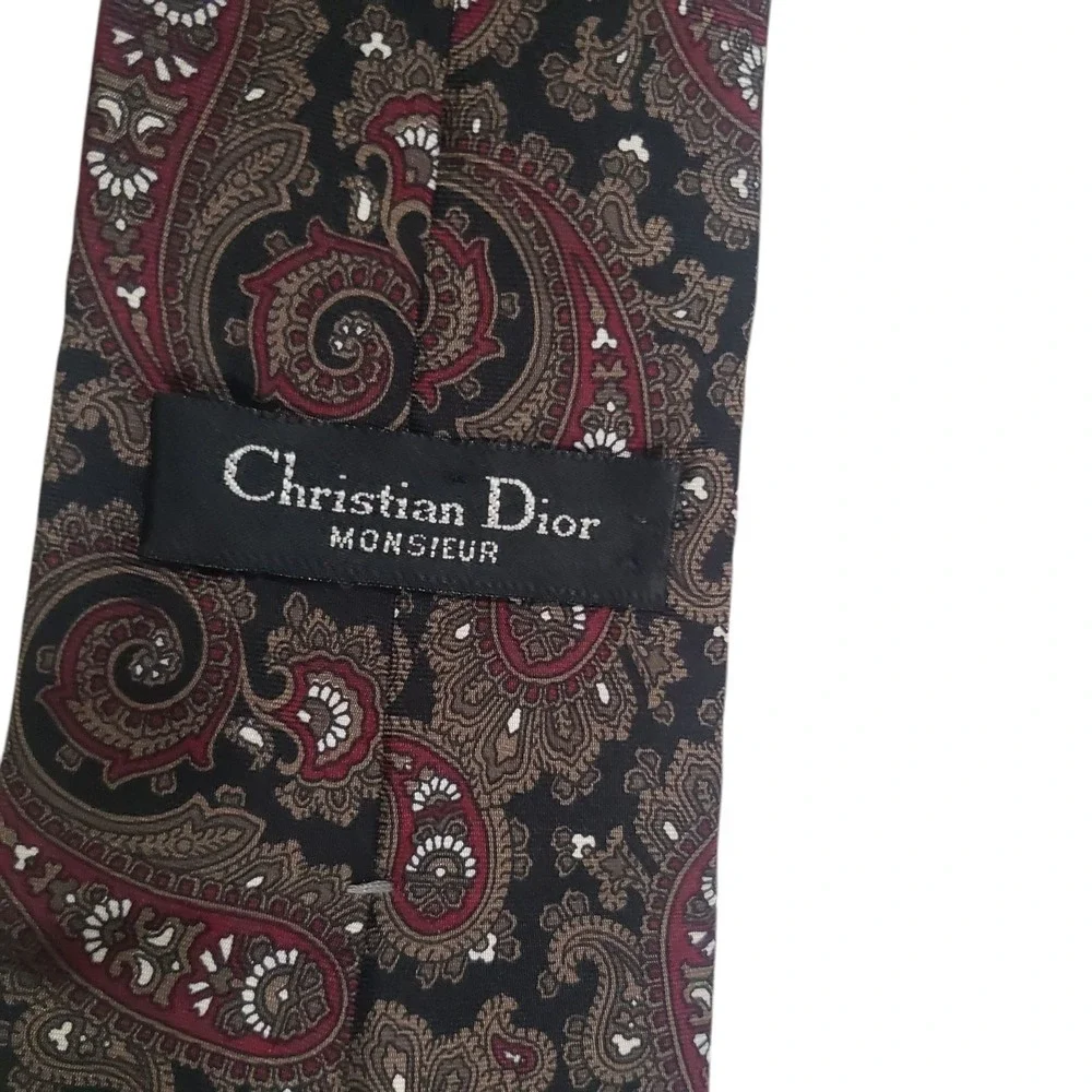 Christian Dior Mens Tie Necktie Designer Luxury Black Red Paisley Italian Silk‎